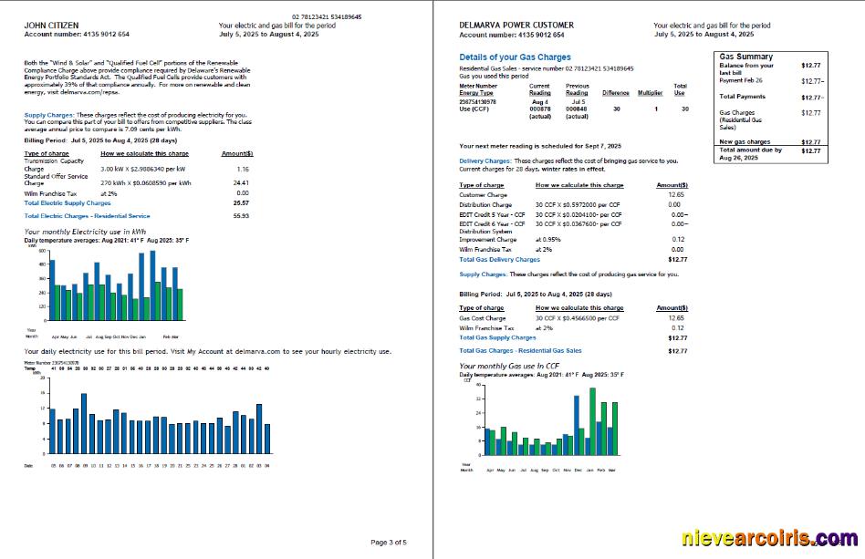 USA Delmarva Power utility bill, 5 pages, 3-4 pages